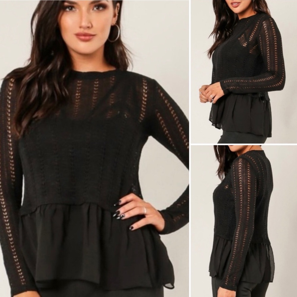 Chiffon & Pointelle Stitch Peplum Sweater